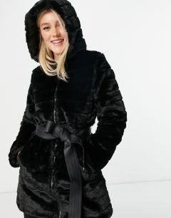 Черное двустороннее пальто из искусственного меха, с объемной стеганой отделкой и с поясом Lipsy-Черный цвет