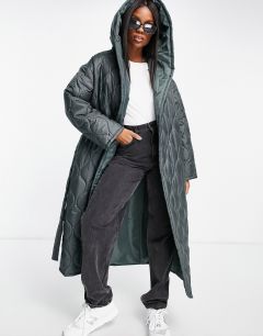 Стеганое пальто макси цвета темного хаки с капюшоном и запахом стеганое пальто с запахом ASOS DESIGN-Зеленый цвет