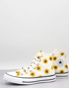 Белые кроссовки высокие кеды с принтом подсолнухов Converse Chuck 70-Желтый