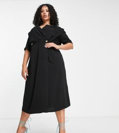 Платье-смокинг миди с запахом и подплечниками черного цвета ASOS DESIGN Curve-Черный цвет
