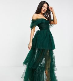 Эксклюзивное изумрудно-зеленое платье макси из тюля с открытыми плечами Lace & Beads-Зеленый цвет