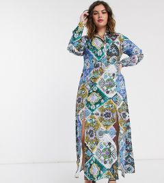 Платье-рубашка макси с цветочным принтом в стиле пэчворк AX Paris Plus-Мульти
