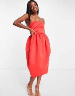 Приталенное платье миди красного цвета с пышной юбкой кроя «тюльпан» и лифом в стиле бандо со складками ASOS DESIGN-Разноцветный