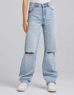 Выбеленные джинсы в винтажном стиле со рваной отделкой Bershka-Голубой