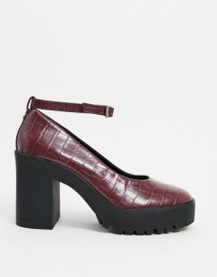 Бордовые туфли с отделкой под кожу крокодила на массивном каблуке London Rebel-Красный