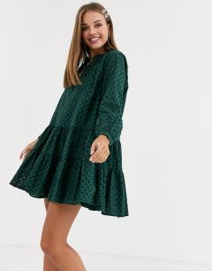 Ярусное платье-трапеция мини с вышивкой ришелье ASOS DESIGN-Зеленый