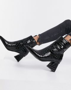 Черные ботильоны с эффектом крокодиловой кожи на каблуке с острым носком Topshop-Черный