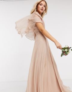 Пыльно-розовое платье макси со сборками на лифе, драпировкой, рукавами-пелеринами и запахом ASOS DESIGN Bridesmaid-Розовый цвет