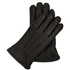 Перчатки мужские кожаные черные теплые демисезонные, осенние, зимние кожа оленя на шерсти строчка шахматы TEVIN размер 11