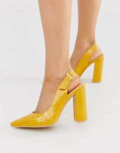 Остроносые туфли на каблуке горчичного цвета с ремешком через пятку и крокодиловым рисунком London Rebel-Желтый