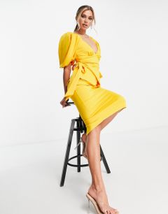 Платье-футляр миди цвета календулы с завязками по бокам, вырезом сердечком и пышными рукавами ASOS DESIGN-Золотистый