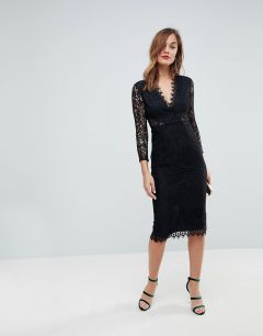 Кружевное платье-футляр миди с длинными рукавами ASOS-Черный