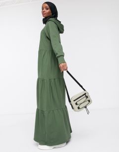 Трикотажное платье макси с капюшоном и ярусной юбкой ASOS DESIGN-Зеленый