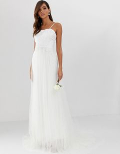 Свадебное ярусное сетчатое платье с кружевом ASOS EDITION-Белый