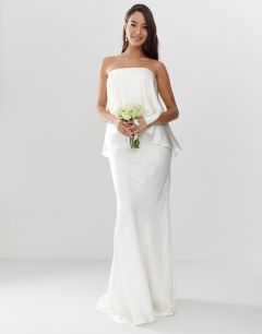Атласное свадебное платье с открытыми плечами, верхним слоем и асимметричным краем ASOS EDITION-Белый