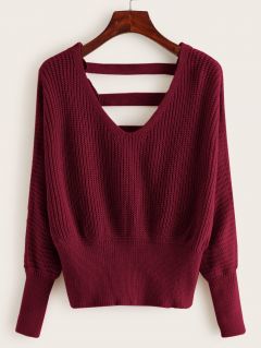Вязаный свитер в рубчик с v-образынм вырезом и открытой спиной