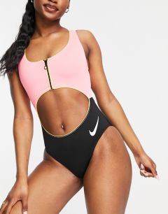 Розово-черный купальник в стиле колор блок с вырезами Nike Swim-Розовый цвет