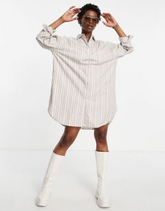 Светло-бежевое удлиненное платье-рубашка в стиле oversized из смесового органического хлопка в полоску JJXX-Разноцветный