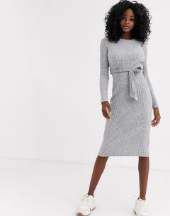 Серое вязаное платье миди с поясом New Look-Серый