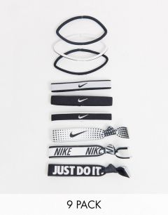 Набор из 9 резинок для волос в черно-белой гамме с принтом логотипа Nike-Мульти