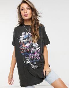 Серая футболка в стиле oversized с принтом дракона и эффектом кислотной стирки Bershka-Серый
