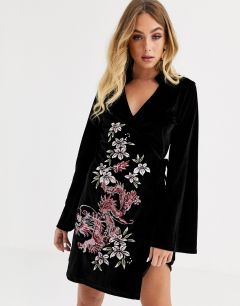 Бархатное платье-кимоно с вышивкой ASOS DESIGN-Черный