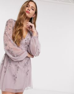 Платье мини с пышными рукавами на манжете и цветочной вышивкой ASOS DESIGN-Фиолетовый