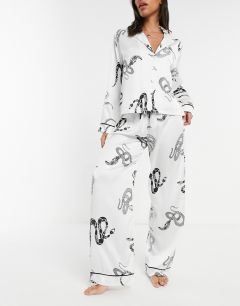 Белая классическая атласная пижама с рубашкой и штанами со змеиным принтом ASOS DESIGN premium-Белый
