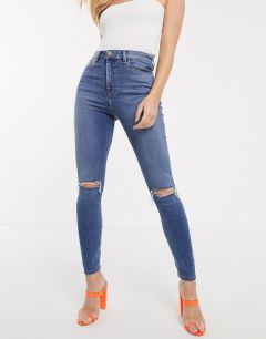 Зауженные джинсы с завышенной талией и рваной отделкой на коленях ASOS DESIGN Ridley-Синий