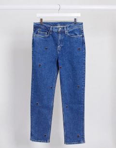 Синие джинсы в винтажном стиле с вышивкой Lacoste-Синий