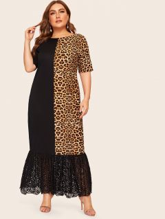 Размера плюс длинное платье с оборкой и контрастным леопардовым принтом
