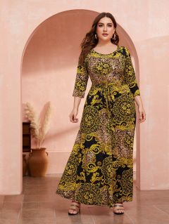 Леопардовое платье с поясом и графическим принтом размера плюс