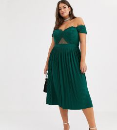 Платье миди с открытыми плечами, кружевом и плиссировкой ASOS DESIGN Curve-Зеленый