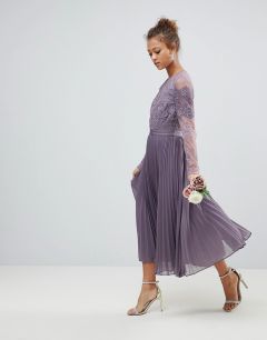 Платье миди с кружевом, плиссировкой и длинными рукавами ASOS-Фиолетовый