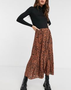 Светло-коричневая юбка миди со складками и принтом в черный горошек ASOS DESIGN-Многоцветный