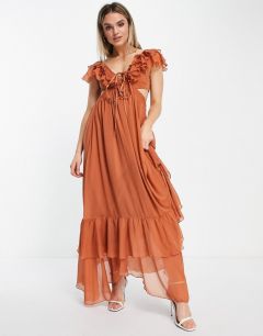 Платье макси с оборками, шнуровкой и атласной ASOS DESIGN-Коричневый цвет