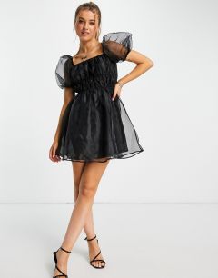 Черное платье мини из органзы с объемными рукавами Miss Selfridge-Черный цвет