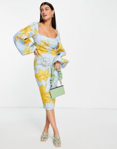 Платье-футляр миди с квадратным вырезом, запахом на лифе и крупным цветочным принтом ASOS DESIGN-Разноцветный