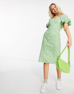 Зеленое платье миди с пышными рукавами и цветочным принтом Urban Revivo-Зеленый цвет