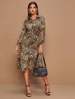 Леопардовое платье-рубашка с пуговицами и поясом