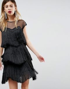 Платье мини с ярусной бахромой ASOS-Черный