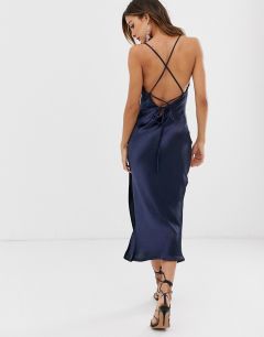 Атласное платье-комбинация миди со шнуровкой на спине ASOS DESIGN-Синий