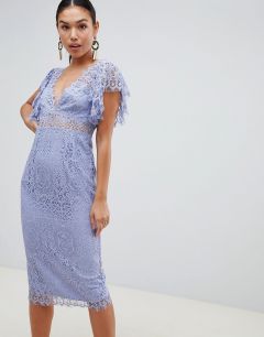 Кружевное платье-футляр миди с оборками на рукавах ASOS DESIGN-Синий