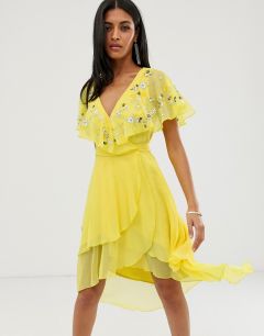 Платье миди с кейпом, удлиненной спинкой и отделкой ASOS DESIGN-Желтый