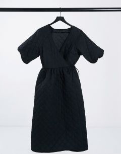 Черное стеганое платье миди с запахом и пышными рукавами ASOS DESIGN-Черный