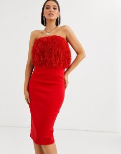 Платье-бандо миди с отделкой искусственными перьями ASOS DESIGN-Красный