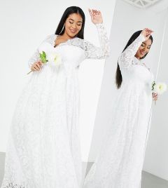 Свадебное кружевное платье цвета слоновой кости с V-образным вырезом ASOS EDITION Curve Penny-Белый