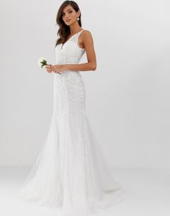 Свадебное сетчатое платье с вышивкой, кружевом и юбкой годе ASOS EDITION-Белый