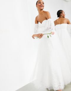 Свадебное платье из сетчатого материала с вышивкой и спущенными плечами ASOS EDITION Mila-Белый