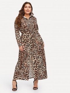 Размера плюс леопардовое длинное платье-рубашки